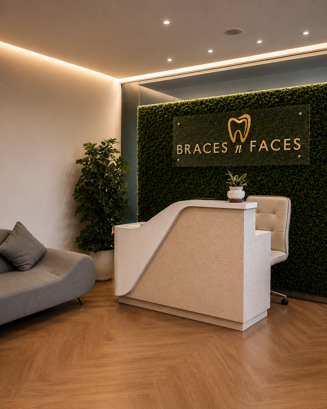 Reception / entrance area with the Braces N Faces logo wall