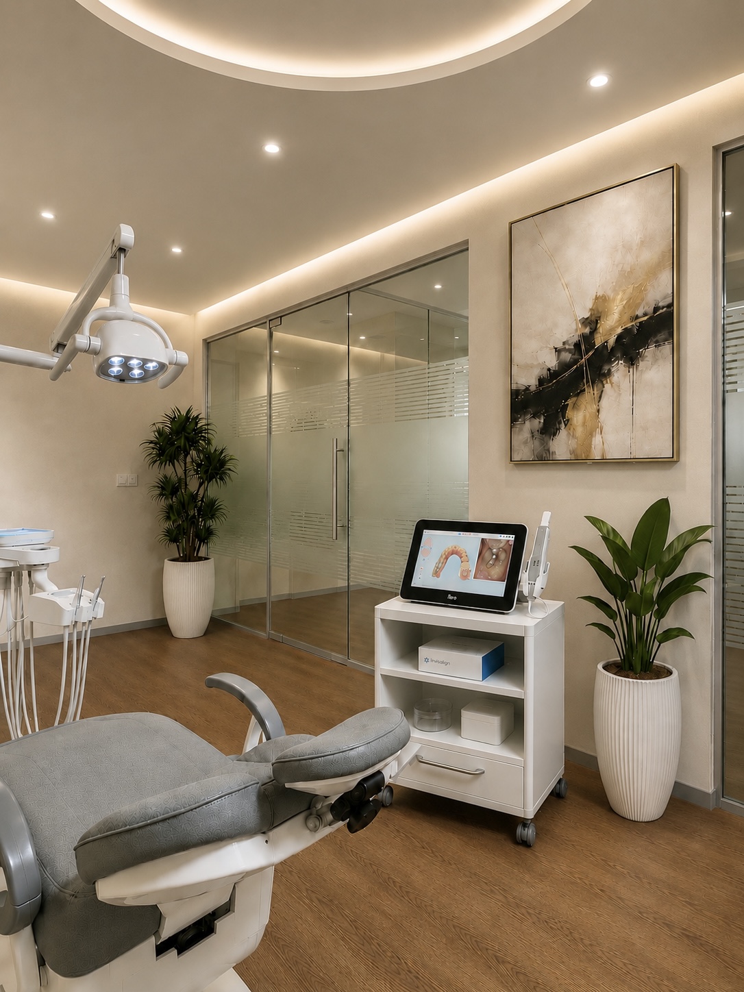 Treatment room with dental chair and equipment